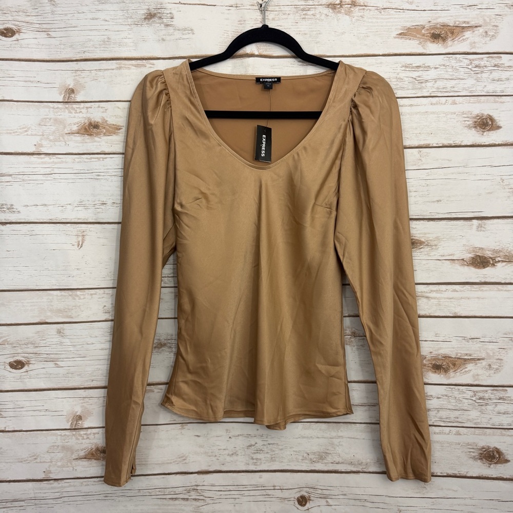 Express Brown Scoopneck Long Sleeve Blouse XS NWT